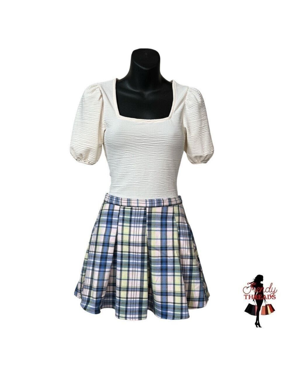 SO Juniors XS 1 Blue Pink Plaid High Rise Pleated Flare Mini Skirt School Girl